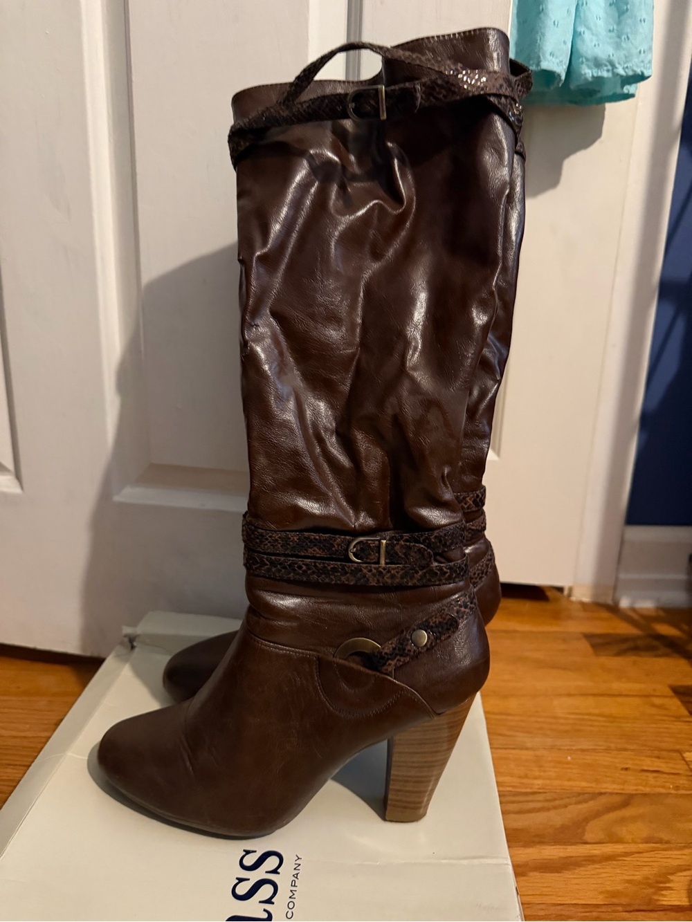 Bass Dark Brown Mid-Calf Heeled Boots with Buckle Straps